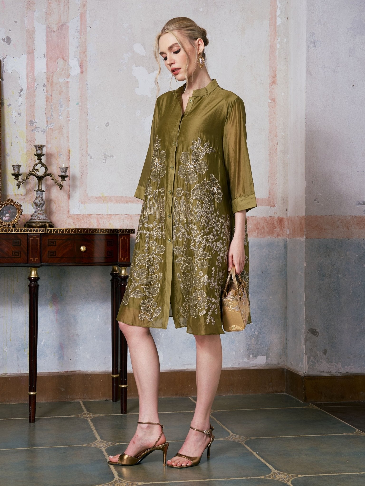 Beaded Embroidered Shirt Dress - Social Queen
