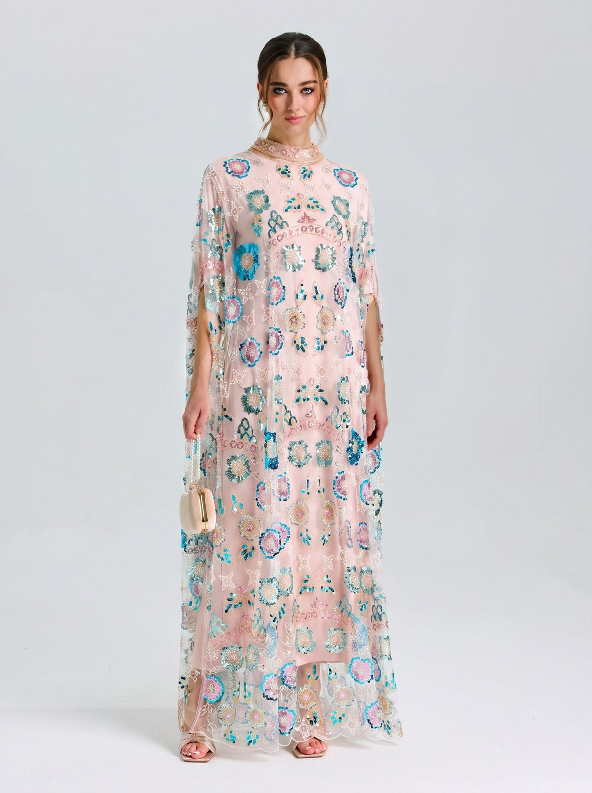 Beaded Floral Embellished Cape Gown - Social Queen