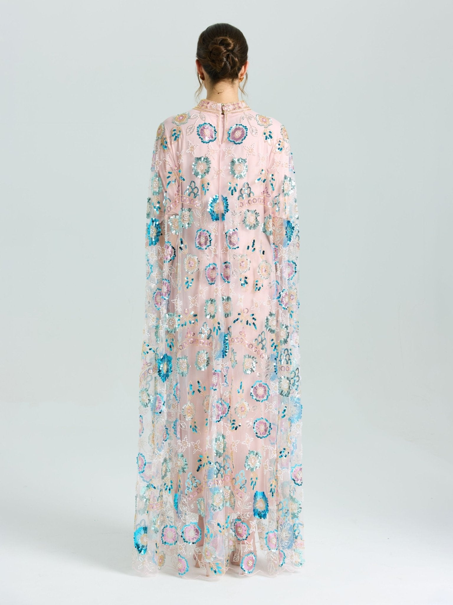 Beaded Floral Embellished Cape Gown - Social Queen