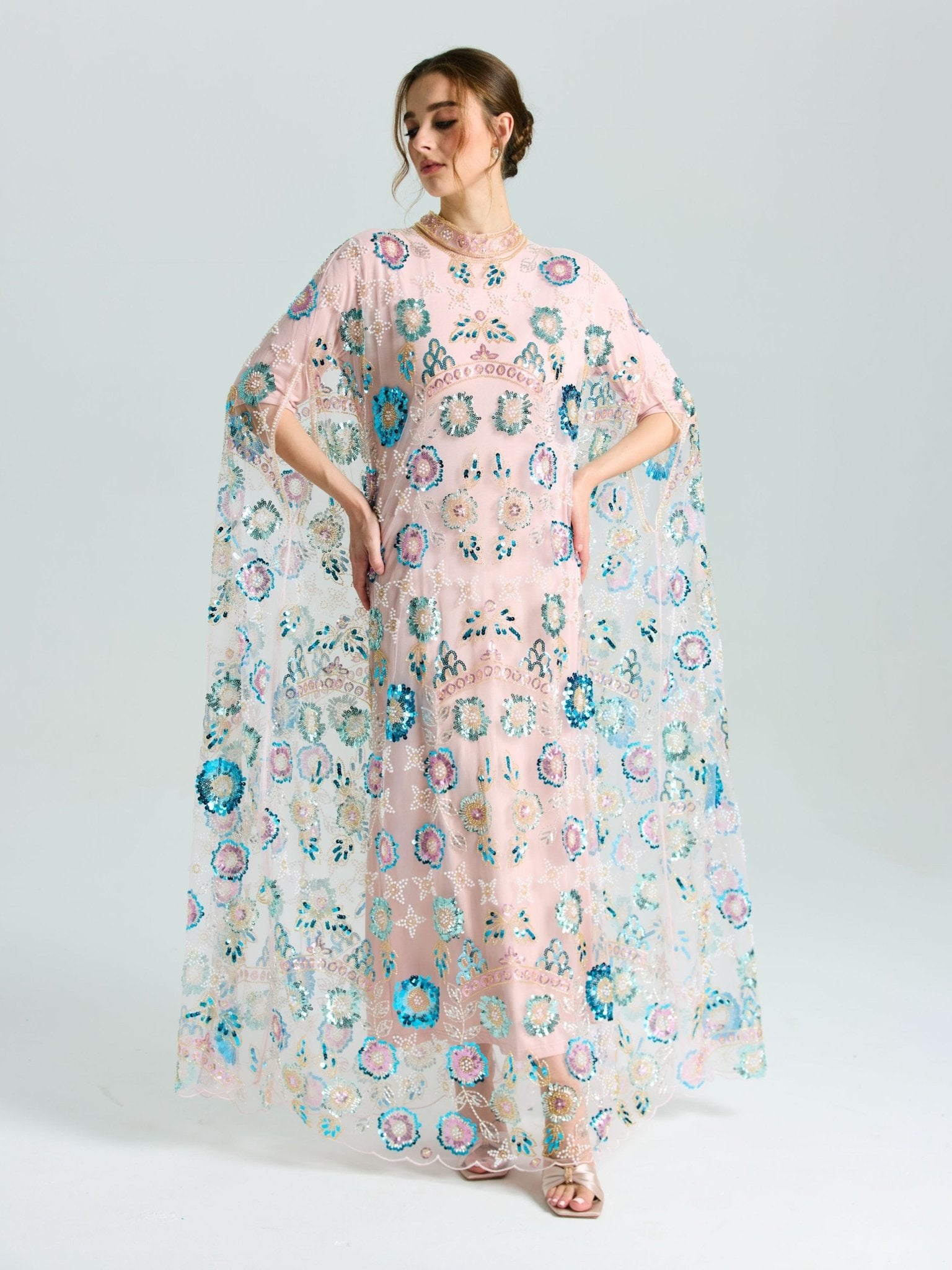 Beaded Floral Embellished Cape Gown - Social Queen