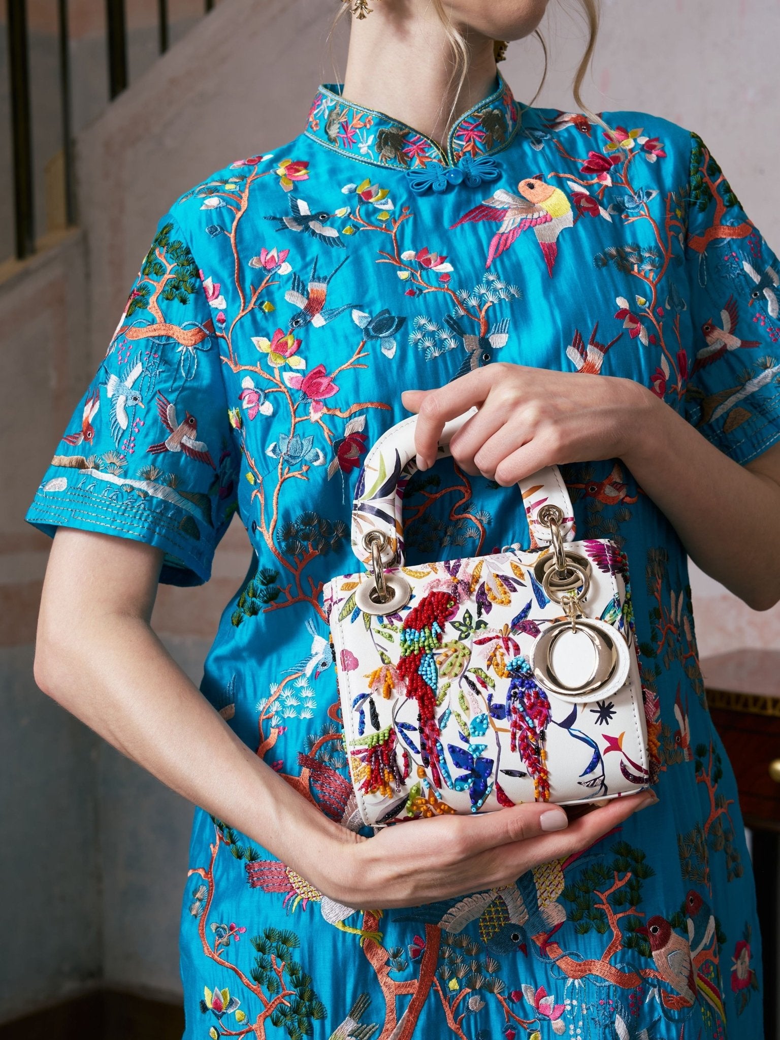Beaded Floral Embroidered Leather Top Handle Bag - Social Queen