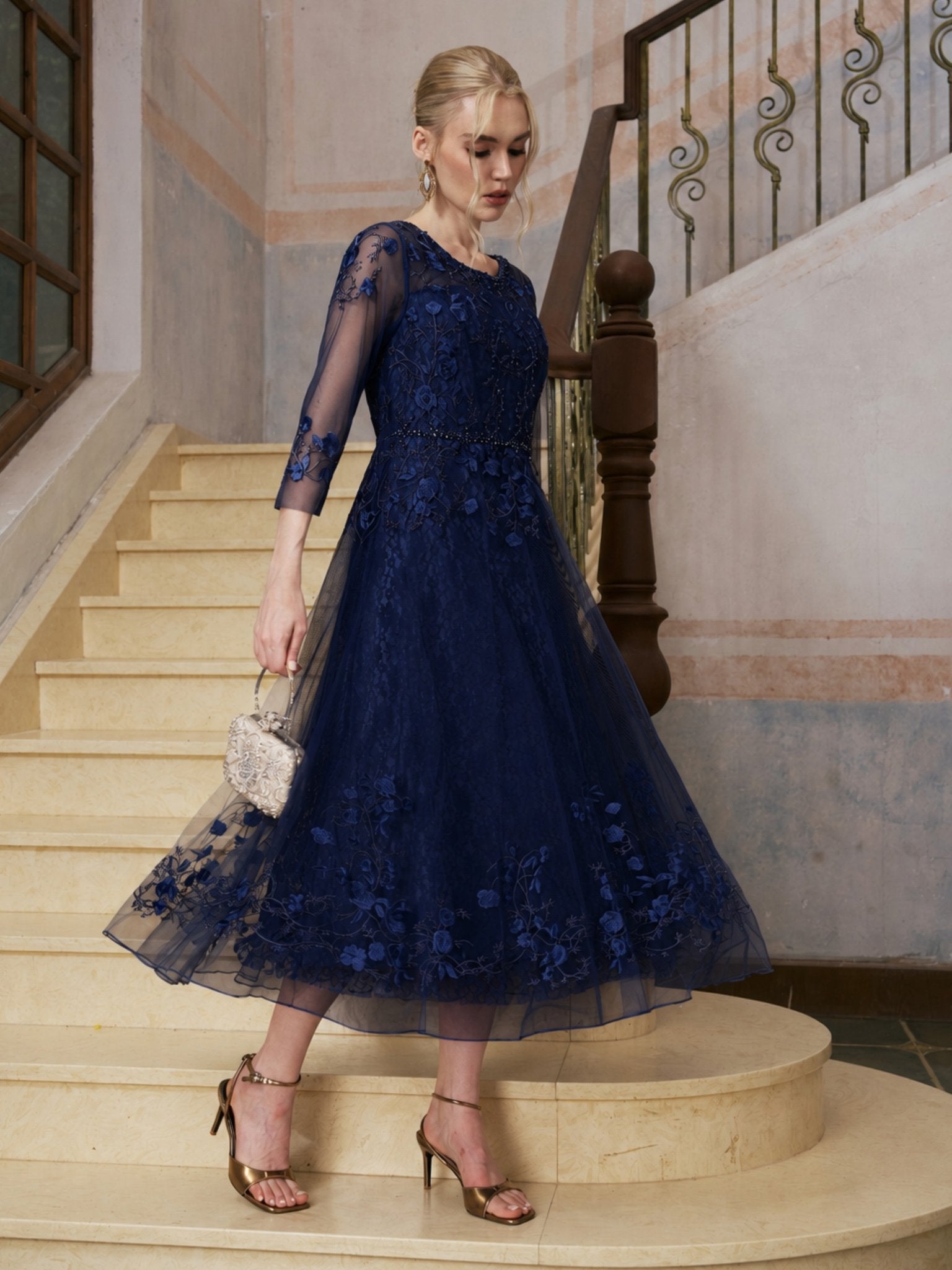 floral beaded mesh dress NAVY / 2XL It is a refined cashmere blend Dress Code Invitations & Skirt/Dress length type:Micro Mini