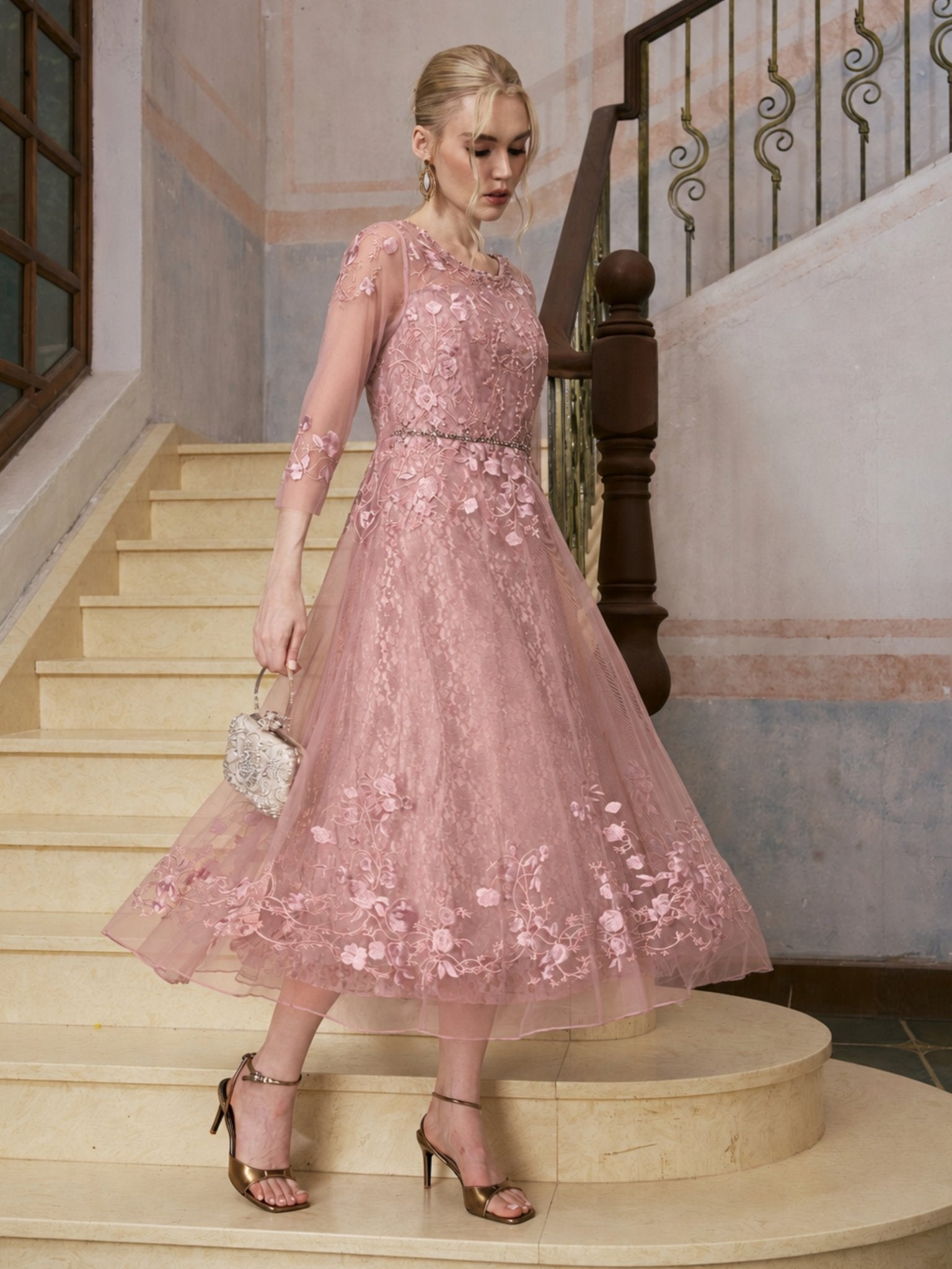 mesh embroidered floral dress Beaded NAVY / S DROP_JUL26-D2 Azazie Dusty Rose Bridesmaid 100% Nylon Neck Size:14