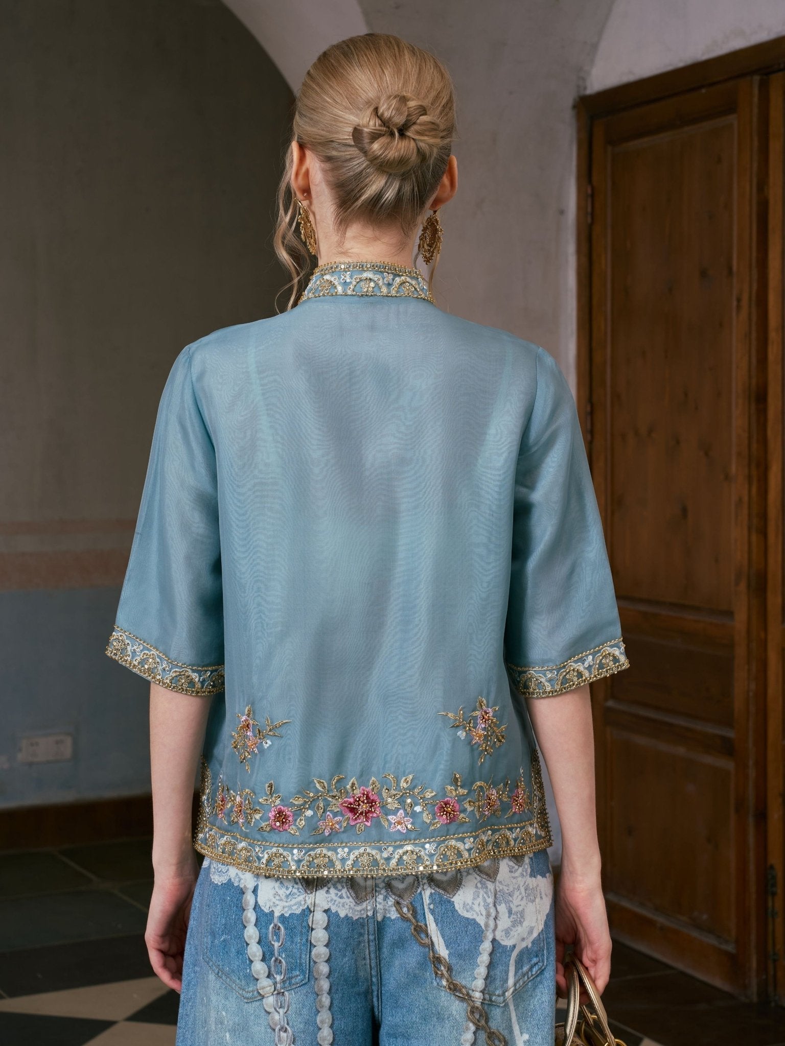 Beaded Floral Embroidered Silk Jacket - Social Queen
