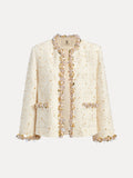 The Social Queen Beaded Floral Embroidered Tweed Jacket features vintage-inspired cream tweed, gold thread, and sequin accents on the collar, front, pockets, and sleeves, shown against a white background.