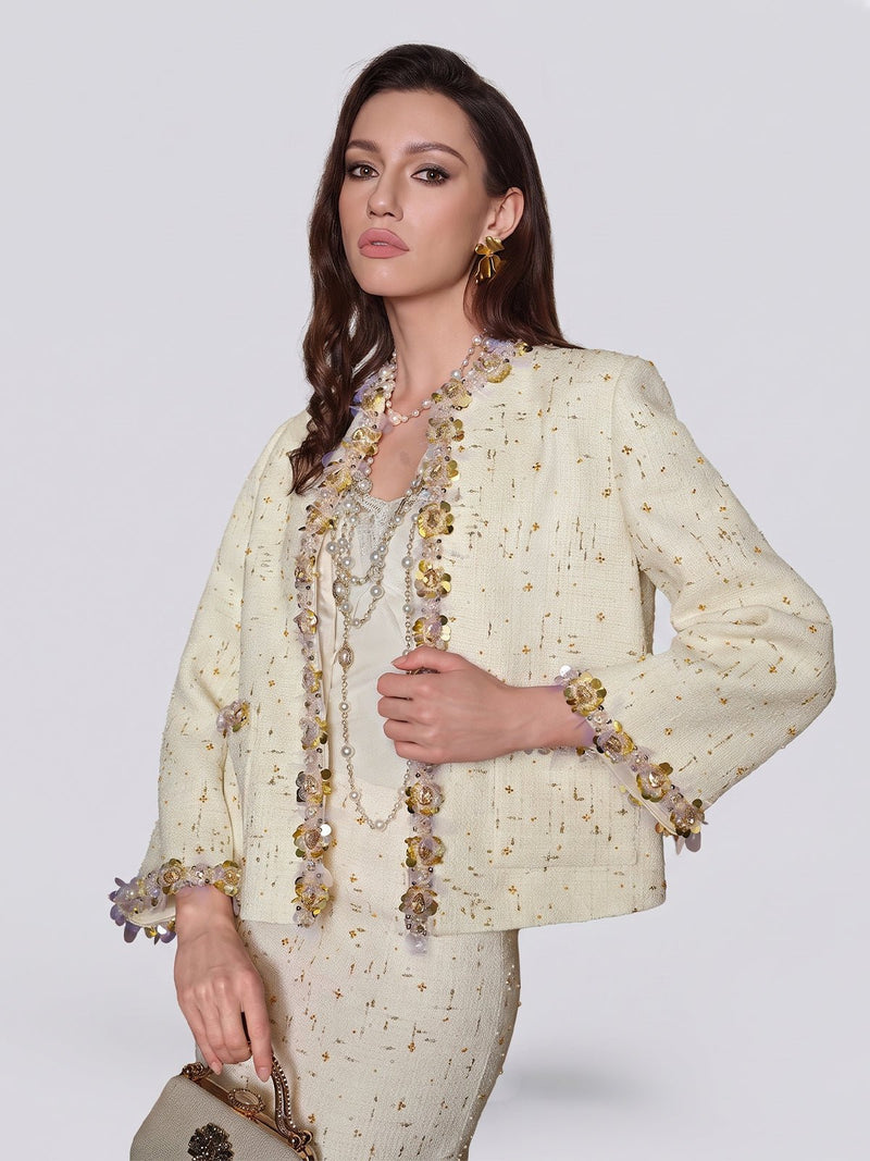 Beaded Floral Embroidered Tweed Jacket - Social Queen