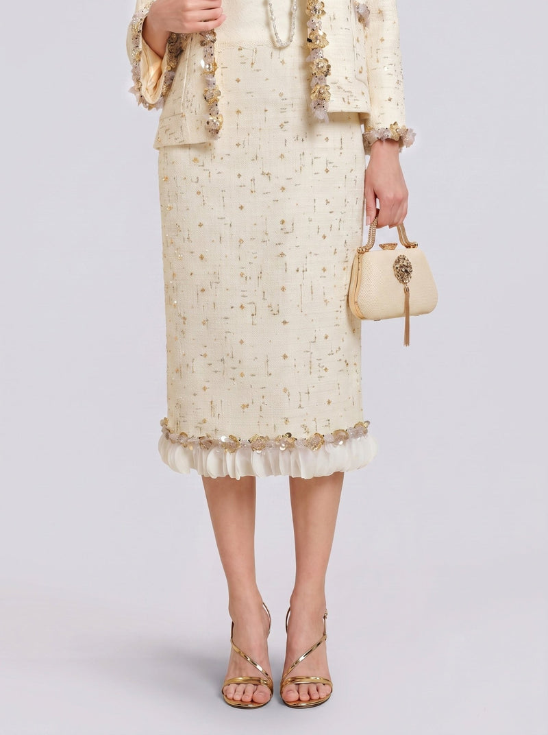 Beaded Floral Embroidered Tweed Skirt - Social Queen