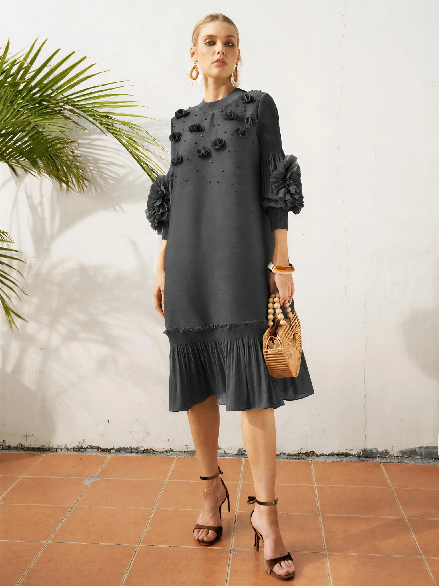 Beaded Floral Pleated Midi Dress - Social Queen