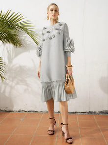 Beaded Floral Pleated Midi Dress - Social Queen