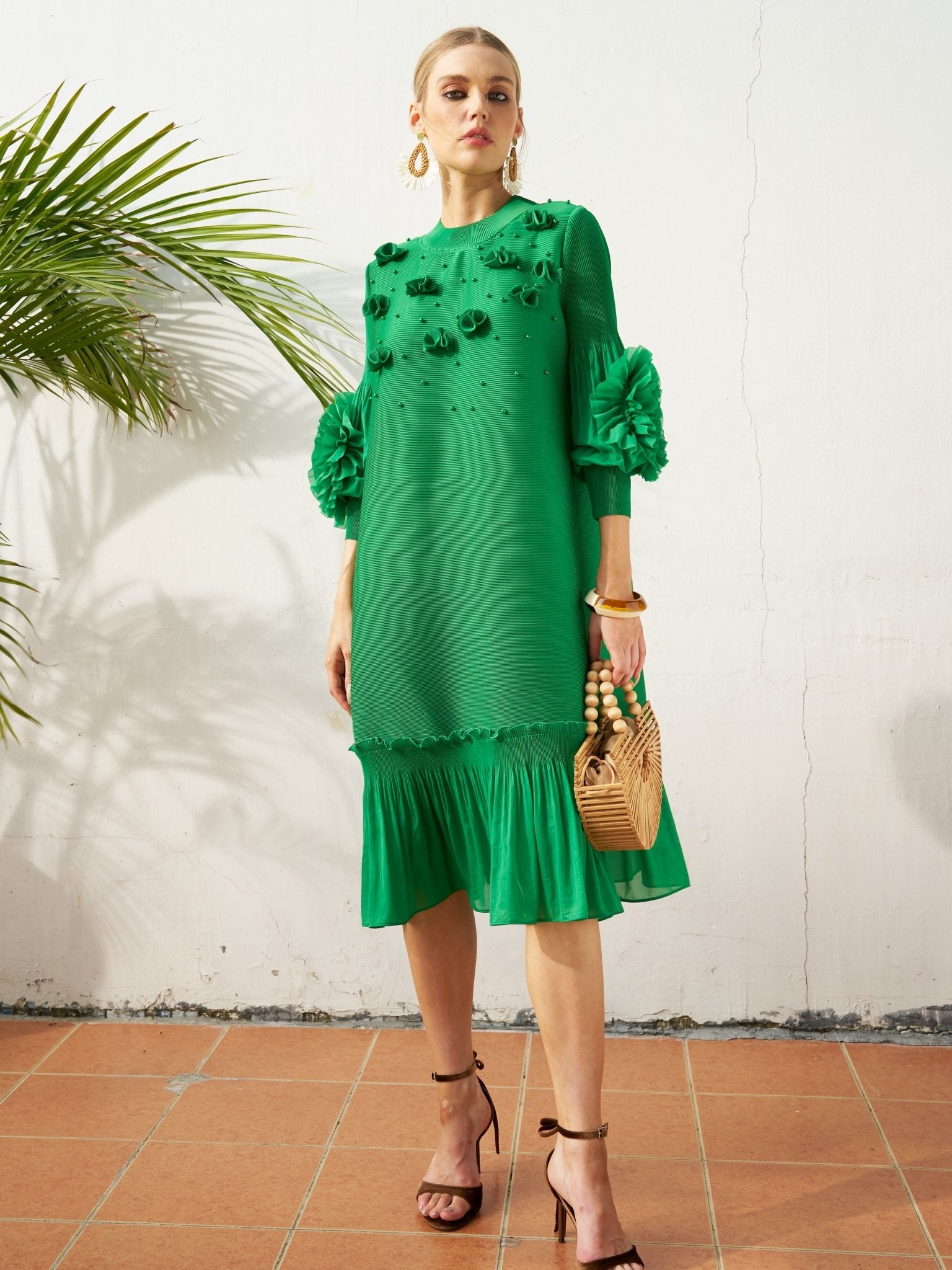 Beaded Floral Pleated Midi Dress - Social Queen