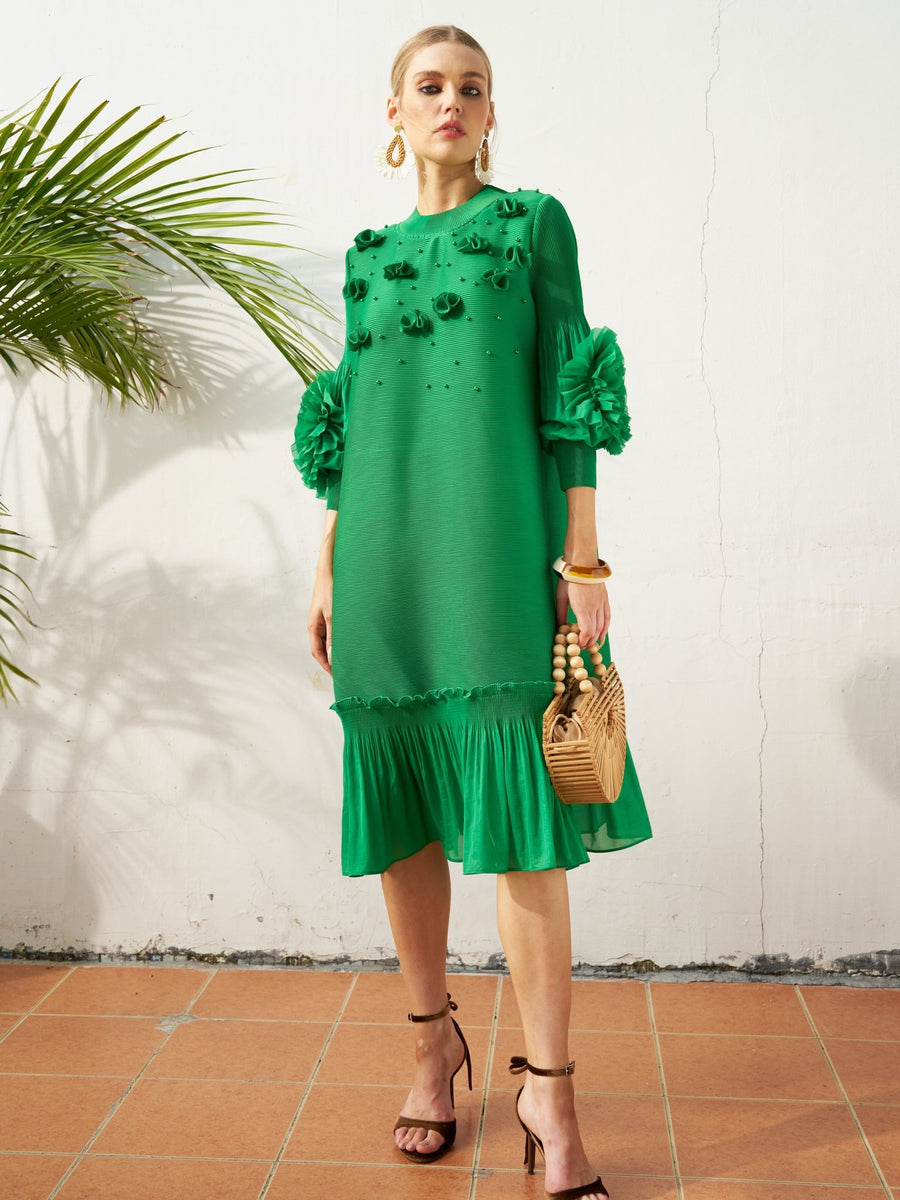 Beaded Floral Pleated Midi Dress - Social Queen