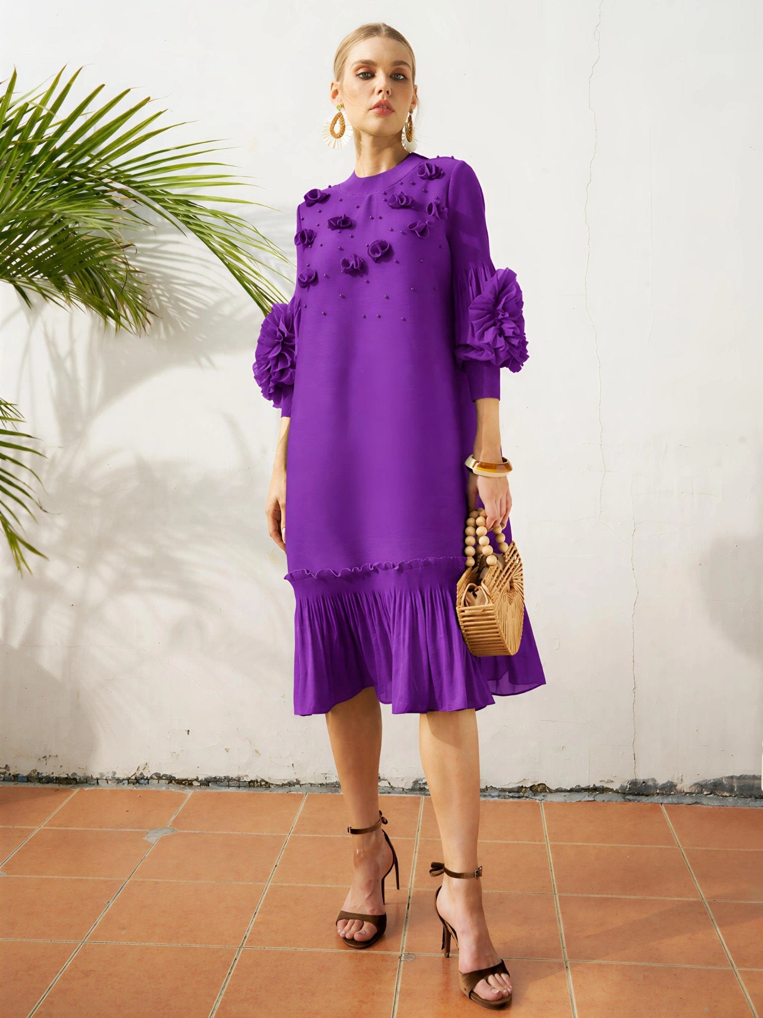 Beaded Floral Pleated Midi Dress - Social Queen