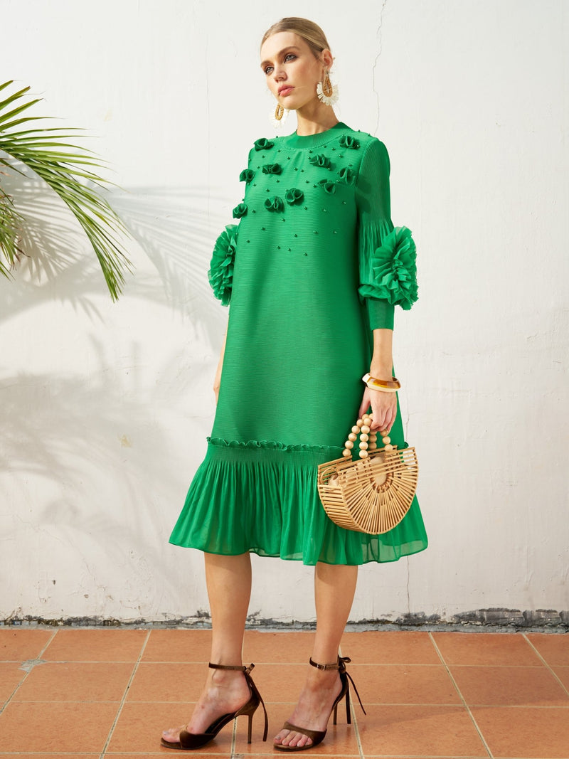 Beaded Floral Pleated Midi Dress - Social Queen
