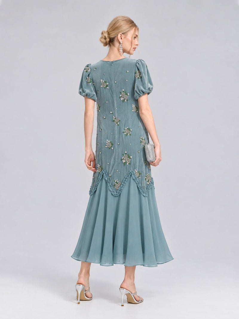 Beaded Floral Silk Velvet Dress - Social Queen