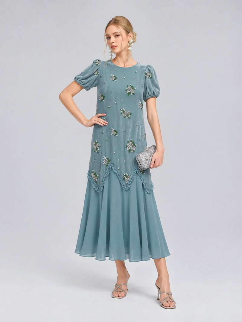 Beaded Floral Silk Velvet Dress - Social Queen