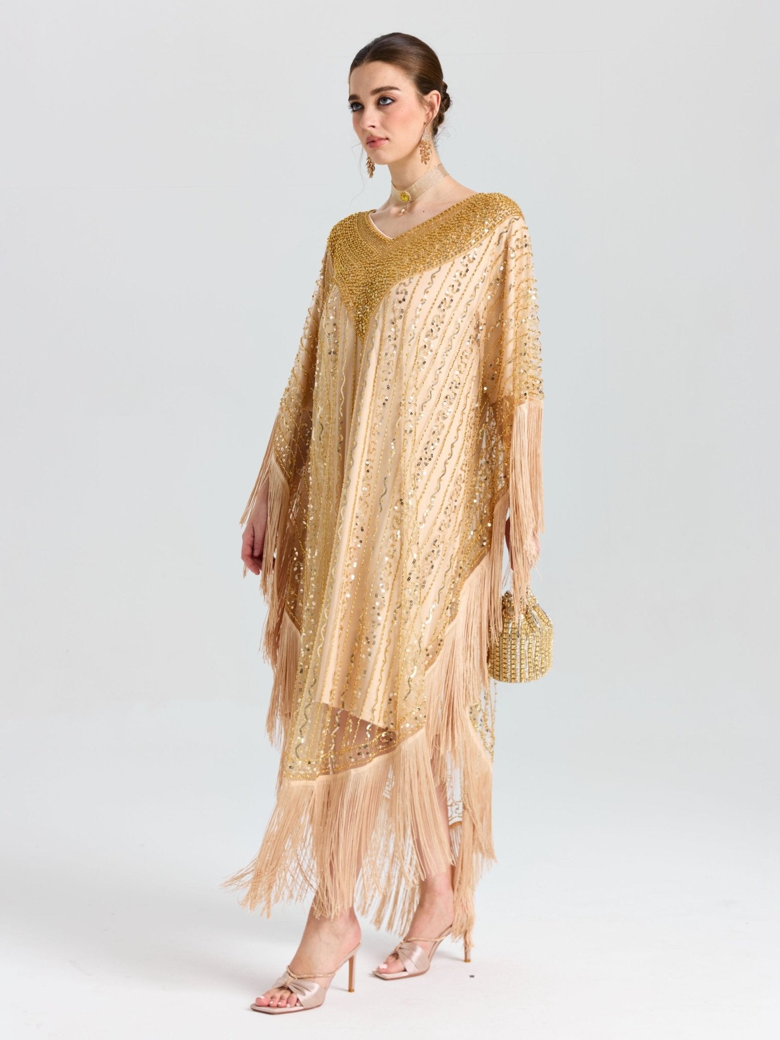 Beaded Fringe Cape Dress - Social Queen