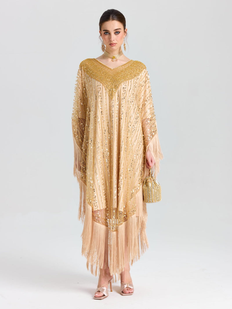 Beaded Fringe Cape Dress - Social Queen