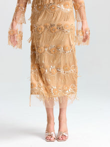 Beaded Fringe Slit Midi Skirt - Social Queen