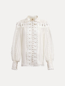 The Beaded Geometric Lace Blouse by Social Queen features vintage-inspired white lace, a high collar, buttoned front, wide cuffs, and elegant lantern sleeves for a timeless look.