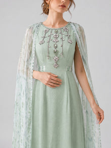 Beaded Printed Cape Chiffon Dress - Social Queen