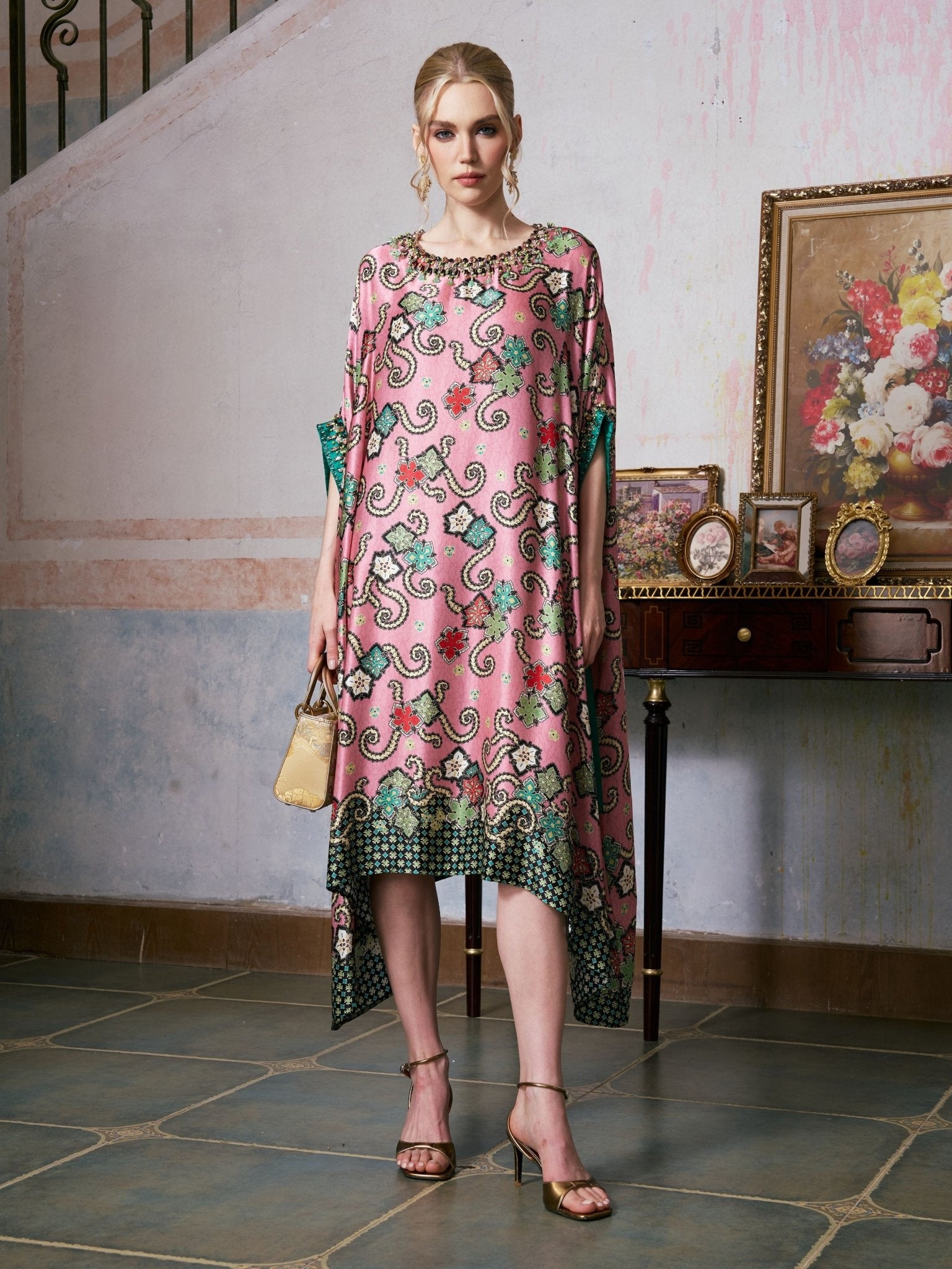 Beaded Printed Silk Kaftan Dress - Social Queen