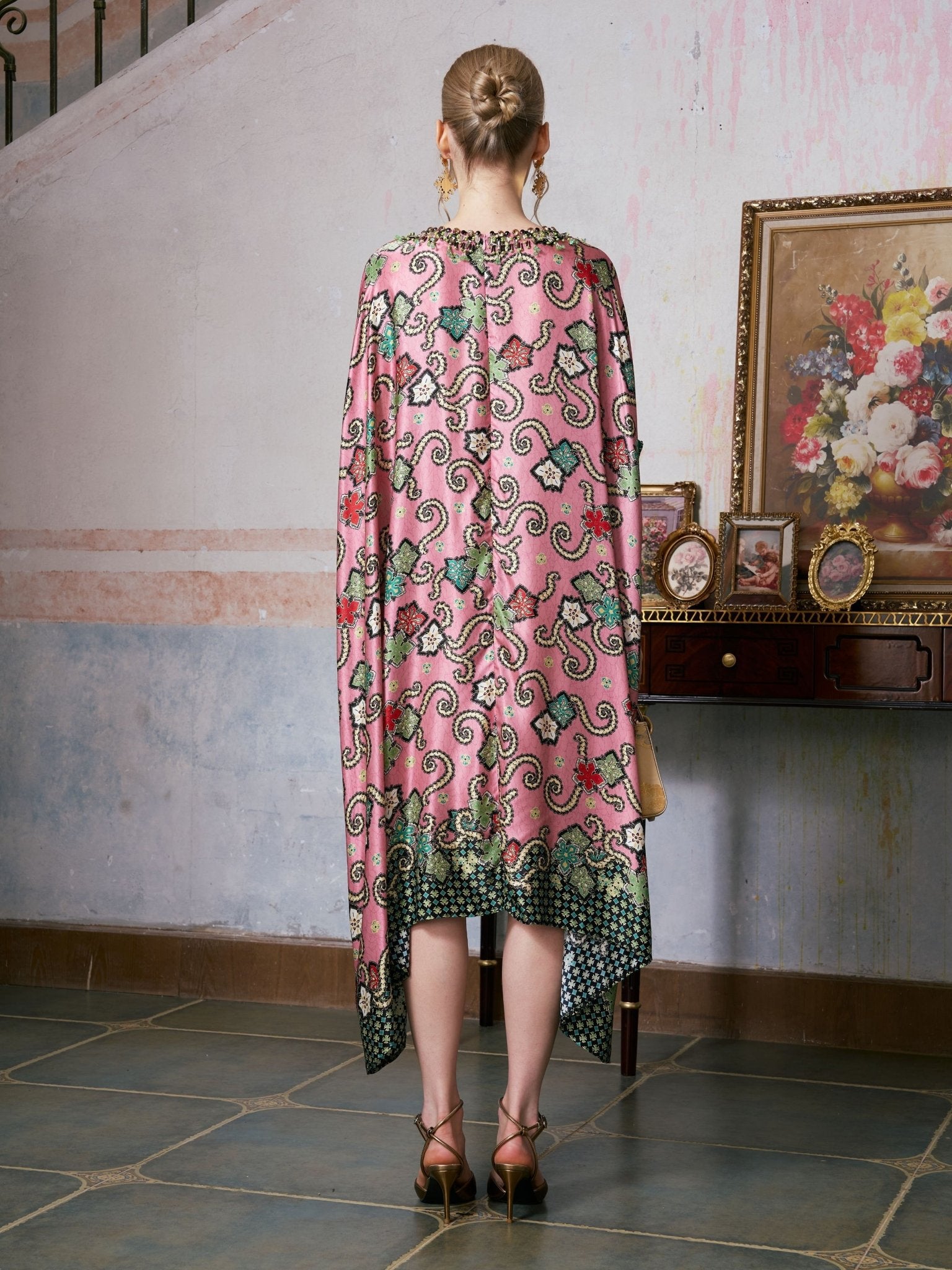 Beaded Printed Silk Kaftan Dress - Social Queen