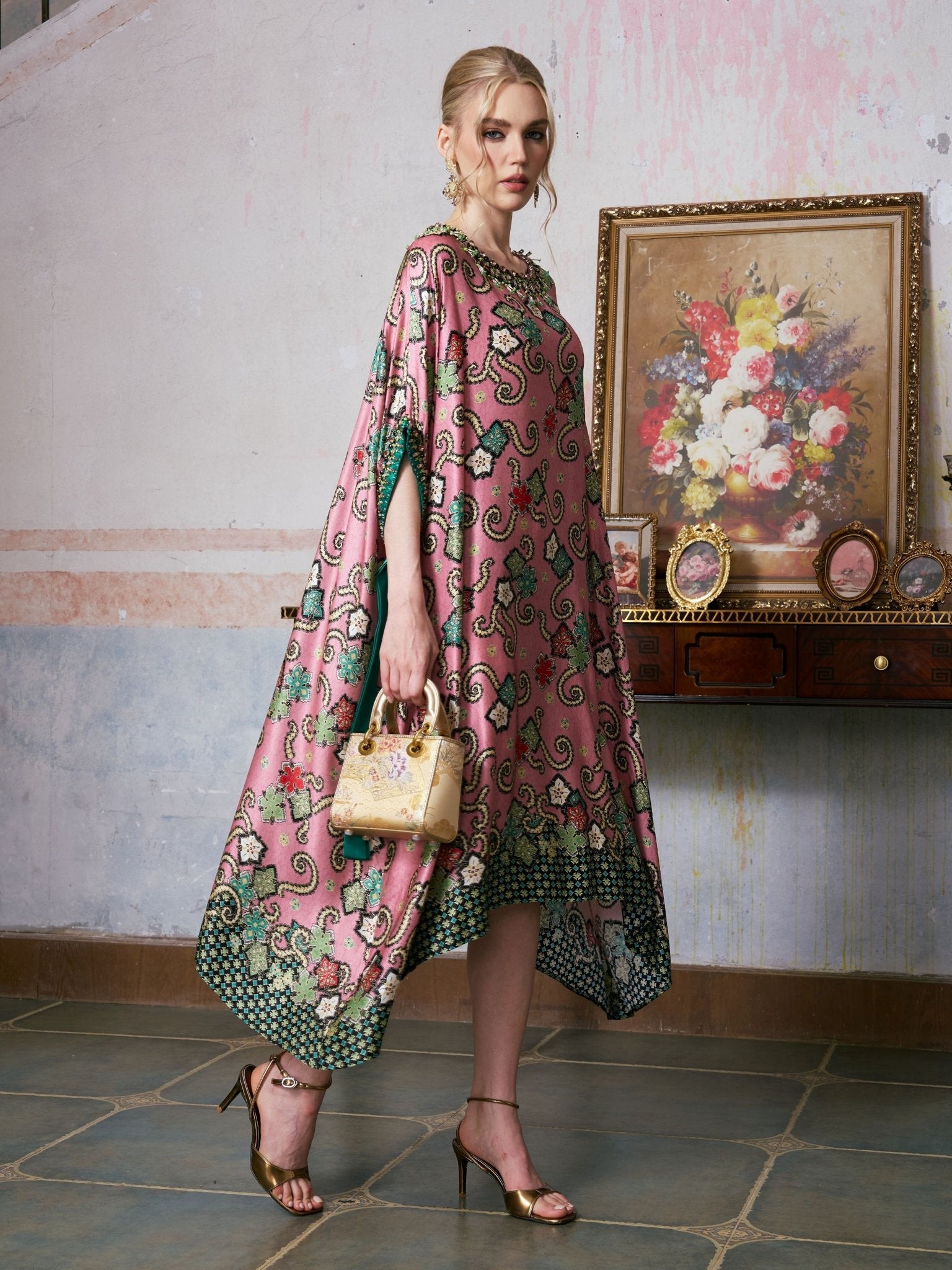 Beaded Printed Silk Kaftan Dress - Social Queen