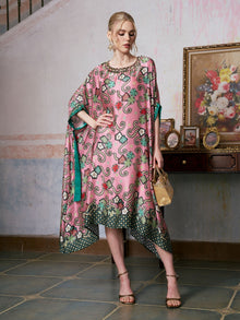 Beaded Printed Silk Kaftan Dress - Social Queen