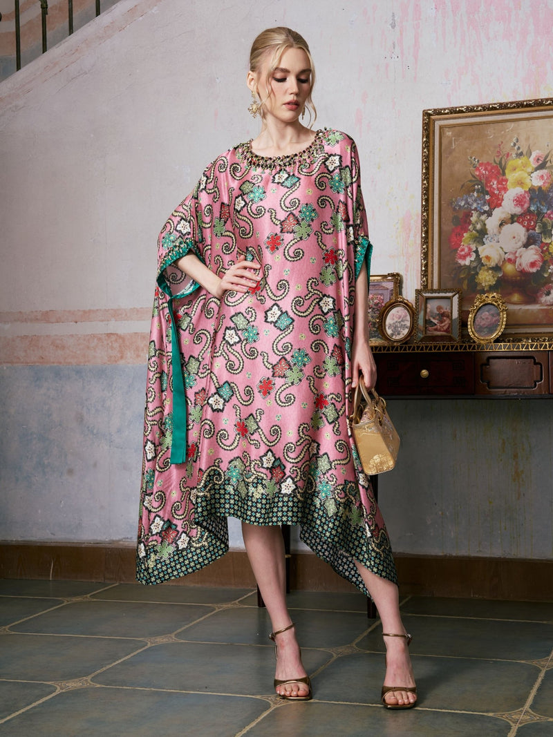 Beaded Printed Silk Kaftan Dress - Social Queen