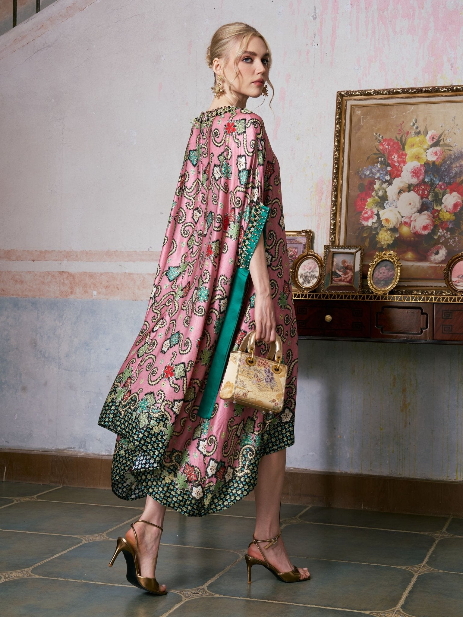 Beaded Printed Silk Kaftan Dress - Social Queen