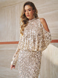 A woman wears the Social Queen Beaded Sequin Cold Shoulder Top, featuring hand-applied beading.