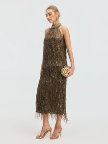 Beaded Sequin Fringe Halter Top - Social Queen