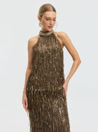 Beaded Sequin Fringe Halter Top - Social Queen