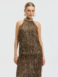 Beaded Sequin Fringe Halter Top - Social Queen