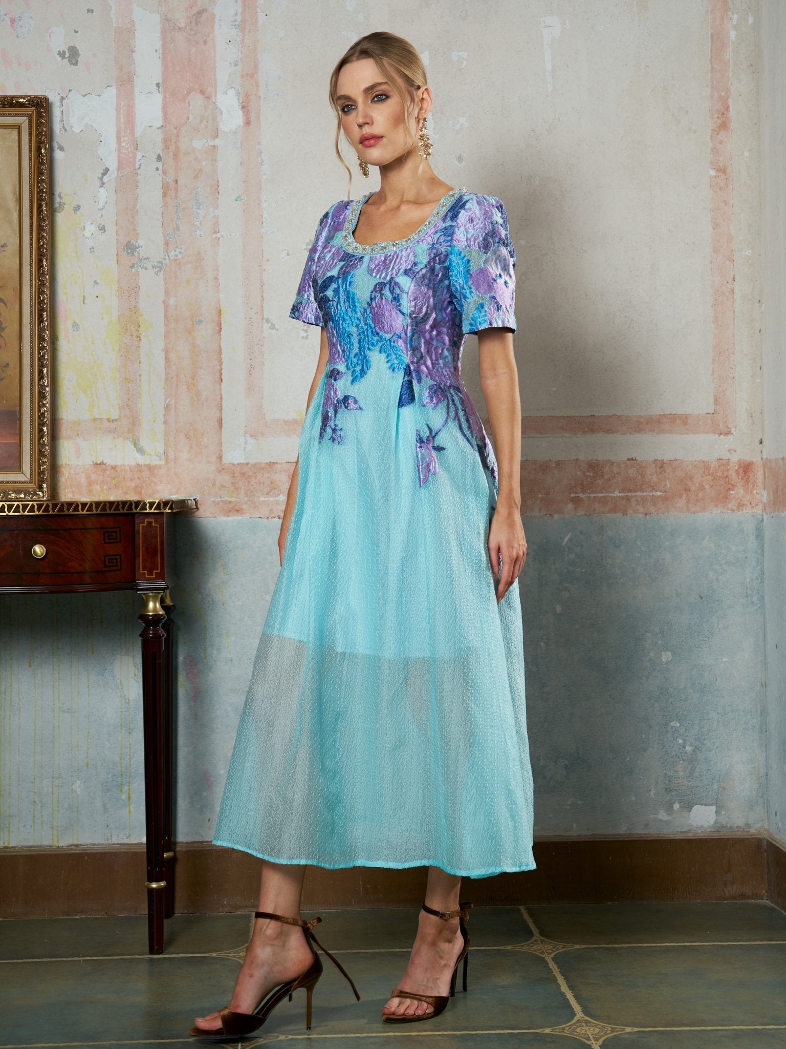 Beaded Square Neck Floral Jacquard Dress - Social Queen