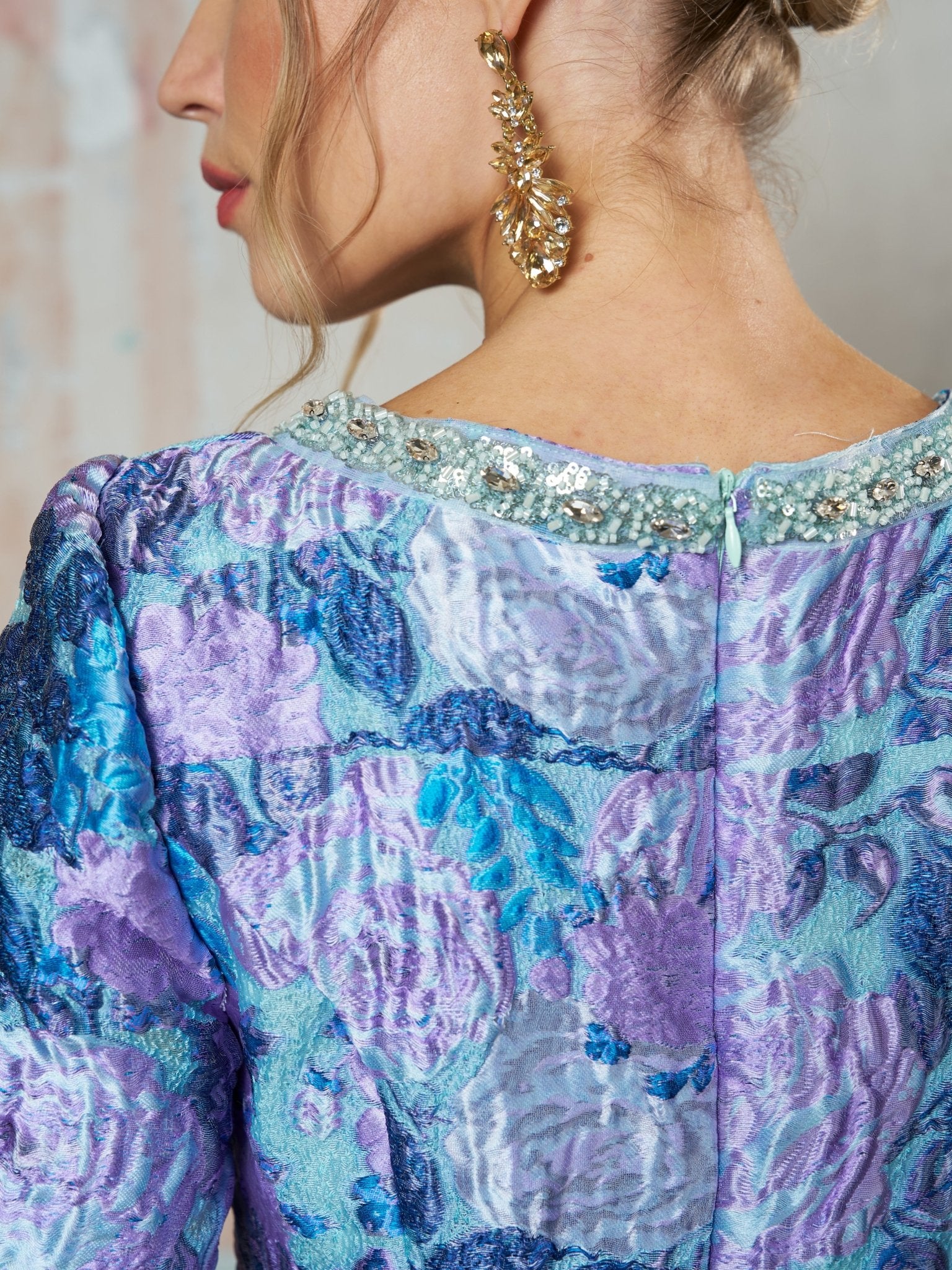 Beaded Square Neck Floral Jacquard Dress - Social Queen
