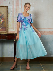 Beaded Square Neck Floral Jacquard Dress - Social Queen