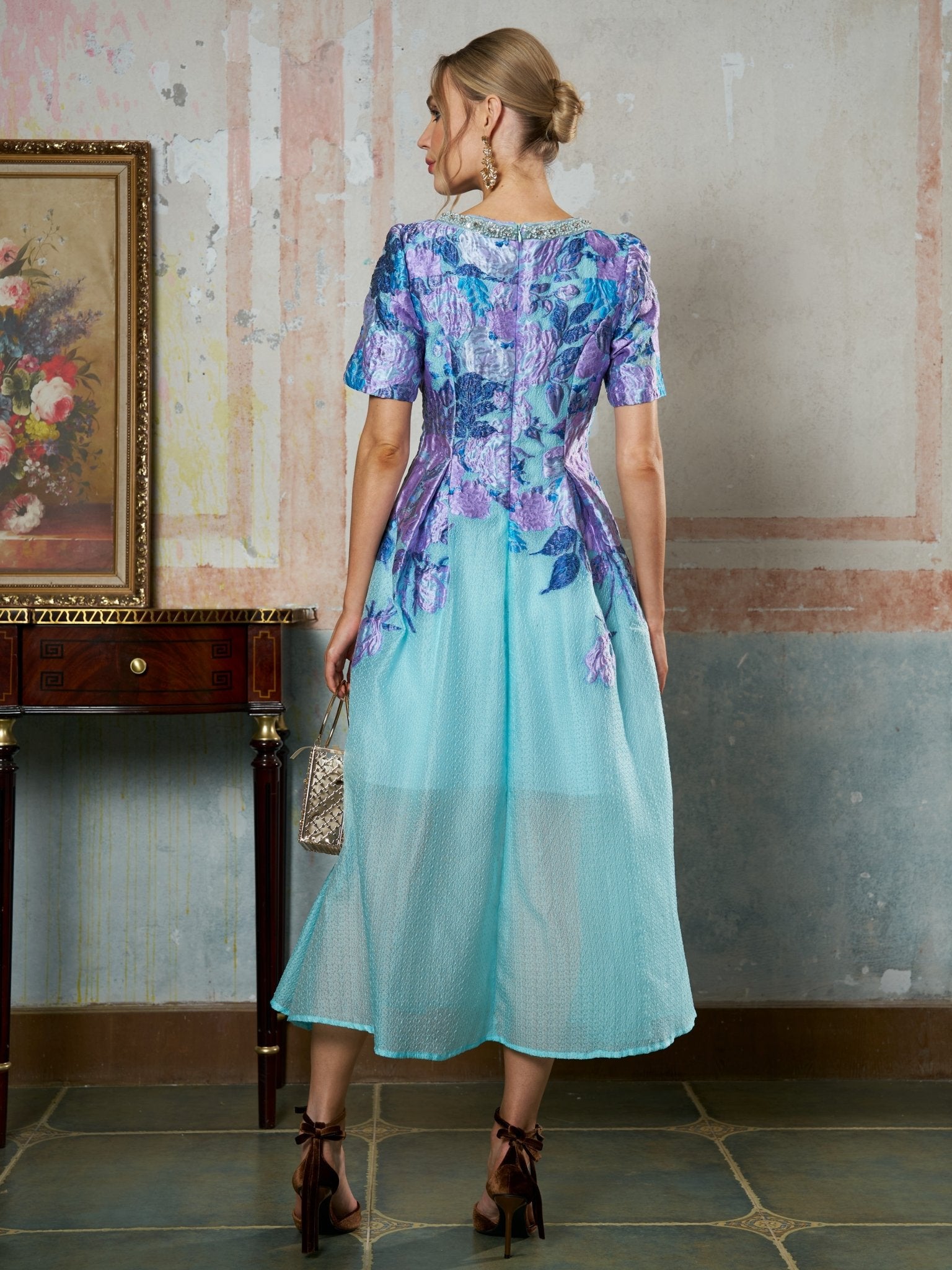 Beaded Square Neck Floral Jacquard Dress - Social Queen