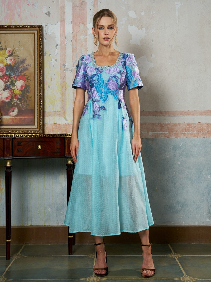Beaded Square Neck Floral Jacquard Dress - Social Queen
