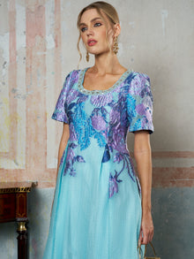 Beaded Square Neck Floral Jacquard Dress - Social Queen