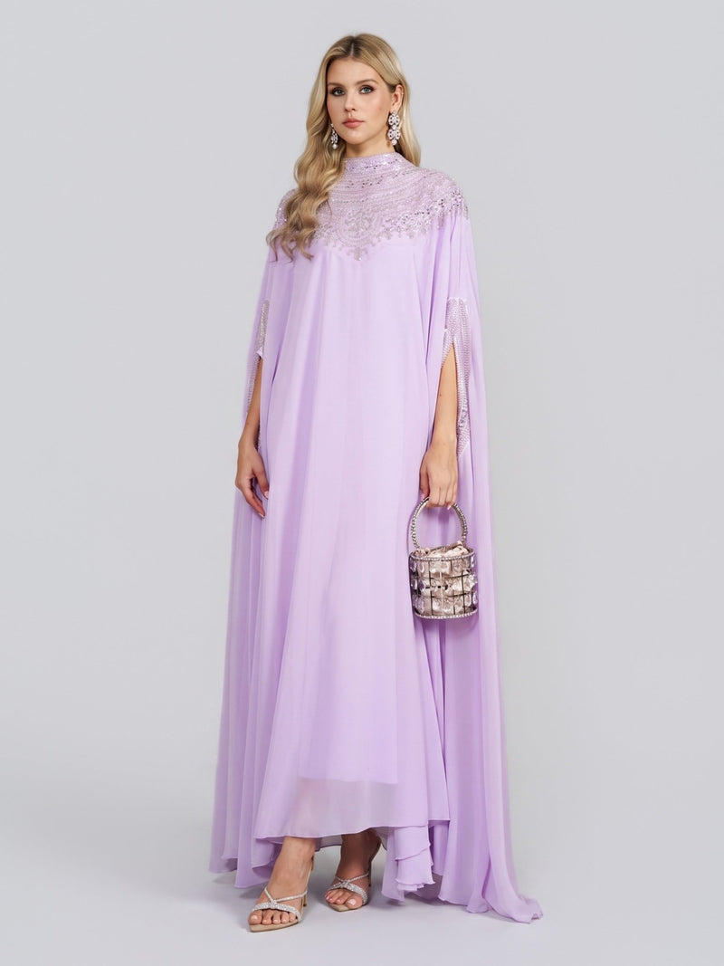 Beaded Tulle Caftan Cape Dress - Social Queen