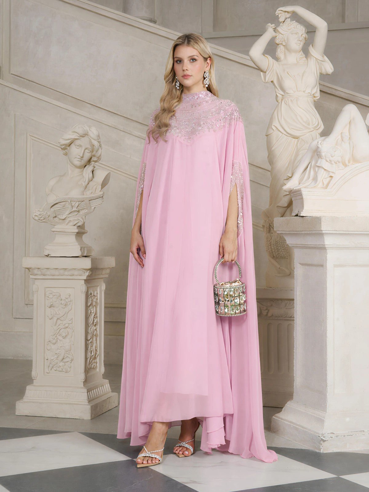 silk cape dress Beaded Tulle Caftan LIGHT PINK / OS mothers-day 22 Ways to Wear %0D%0AColour%20may%20vary%20due%20to%20lighting%20on%20images Color:Pale Russet