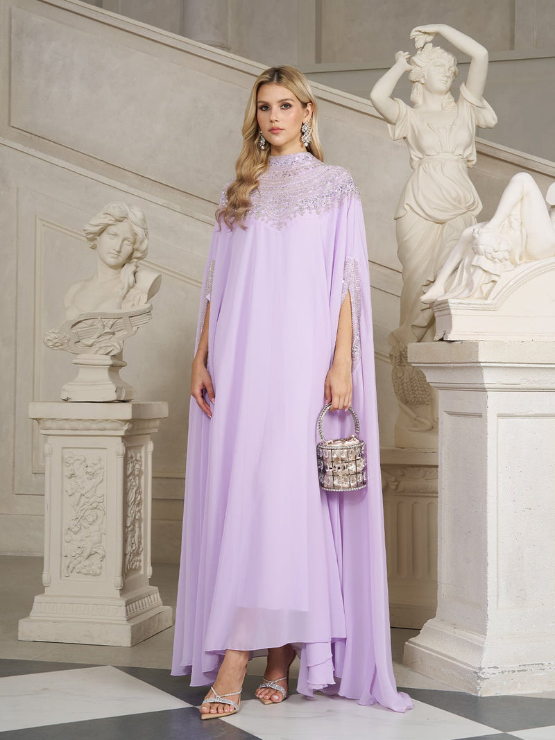 Beaded Tulle Caftan Cape Dress - Social Queen