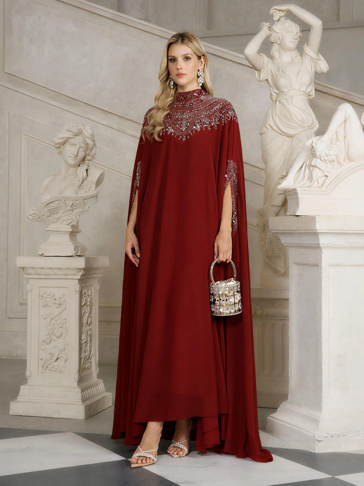 beaded caftan dress Tulle Cape BURGUNDY RED / OS Active_OS LANA DEL REY SIGNED Size:4XL For UK Size 18-20 | EU 46-48 Rich jacquard
