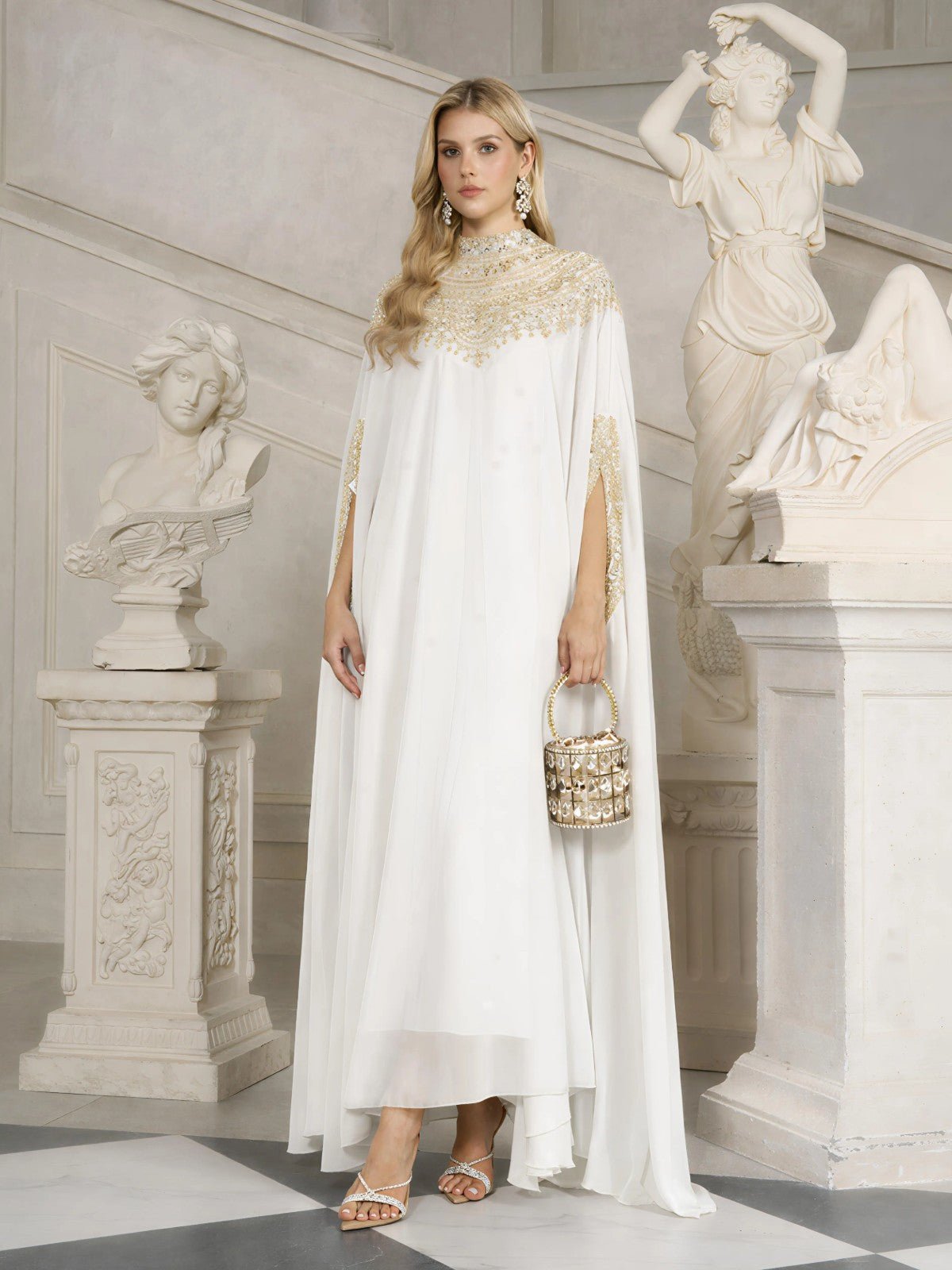 Beaded Tulle Caftan Cape Dress White GOLD / OS