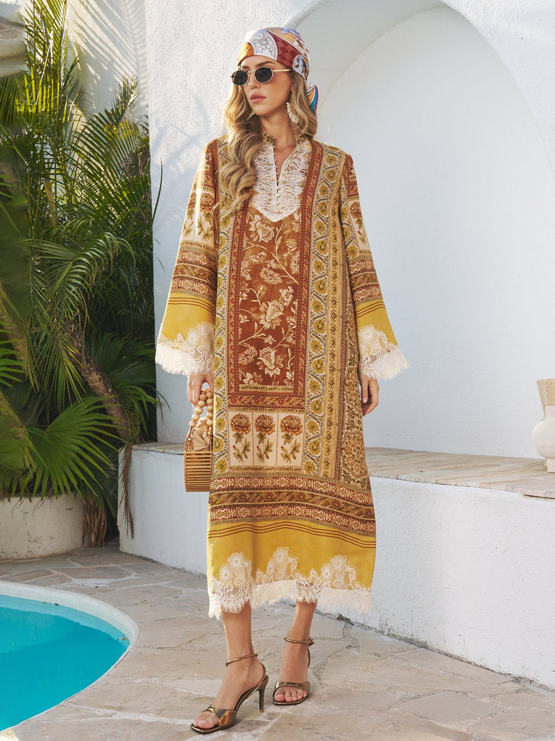 A woman in the Social Queen Boho Lace Floral Print Dress, paired with a headscarf, sunglasses, and heels, stands by a poolside patio with tropical plants and white walls in the background.