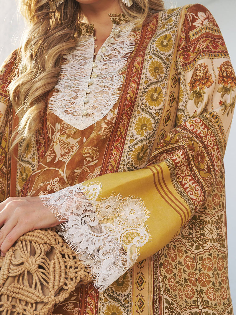 A close-up shows a woman in the Social Queen Boho Lace Floral Print Dress, holding a woven bag; only her torso and part of her face are visible.