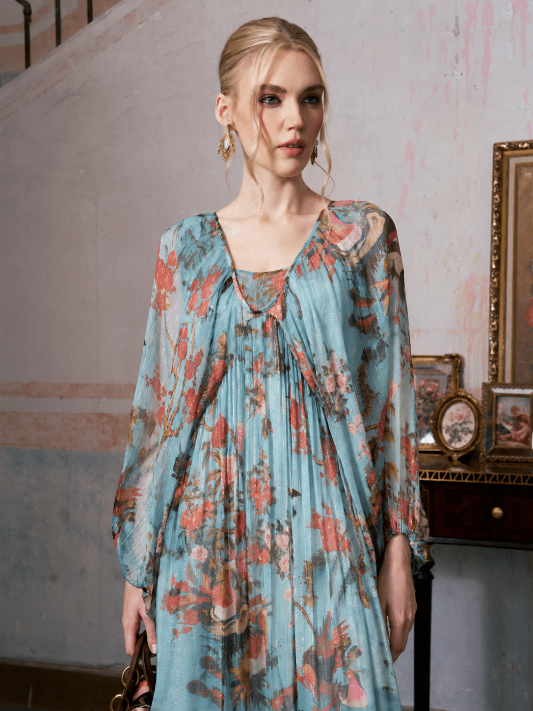 Botanical Bird Print Silk Dress - Social Queen