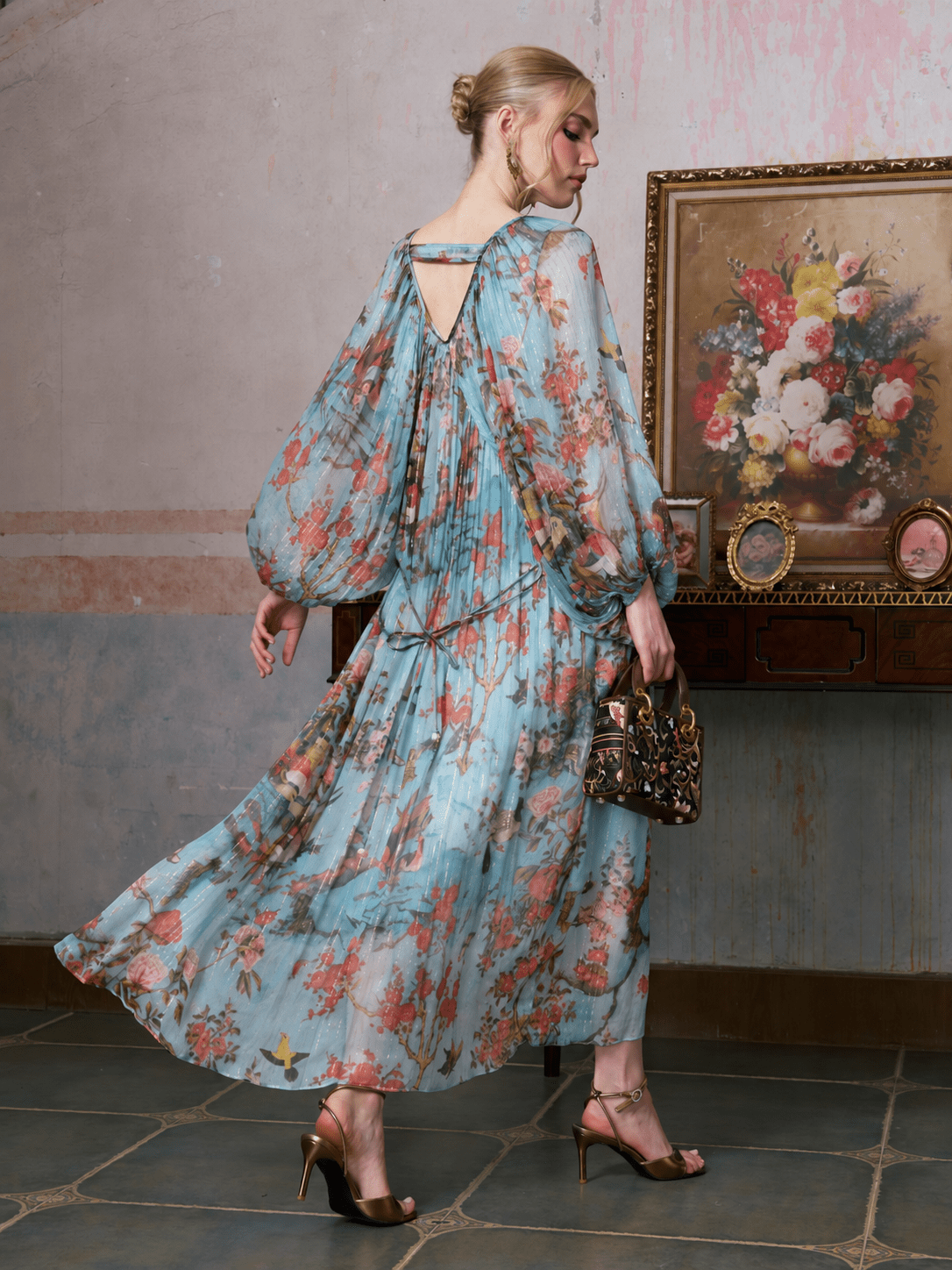 Botanical Bird Print Silk Dress - Social Queen