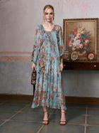 Botanical Bird Print Silk Dress - Social Queen